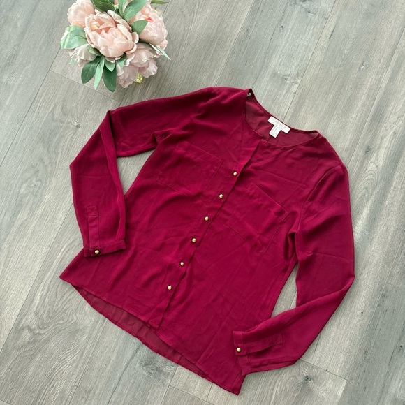 Forever 21 Maroon Sheer Button Down Blouse - Picture 1 of 4